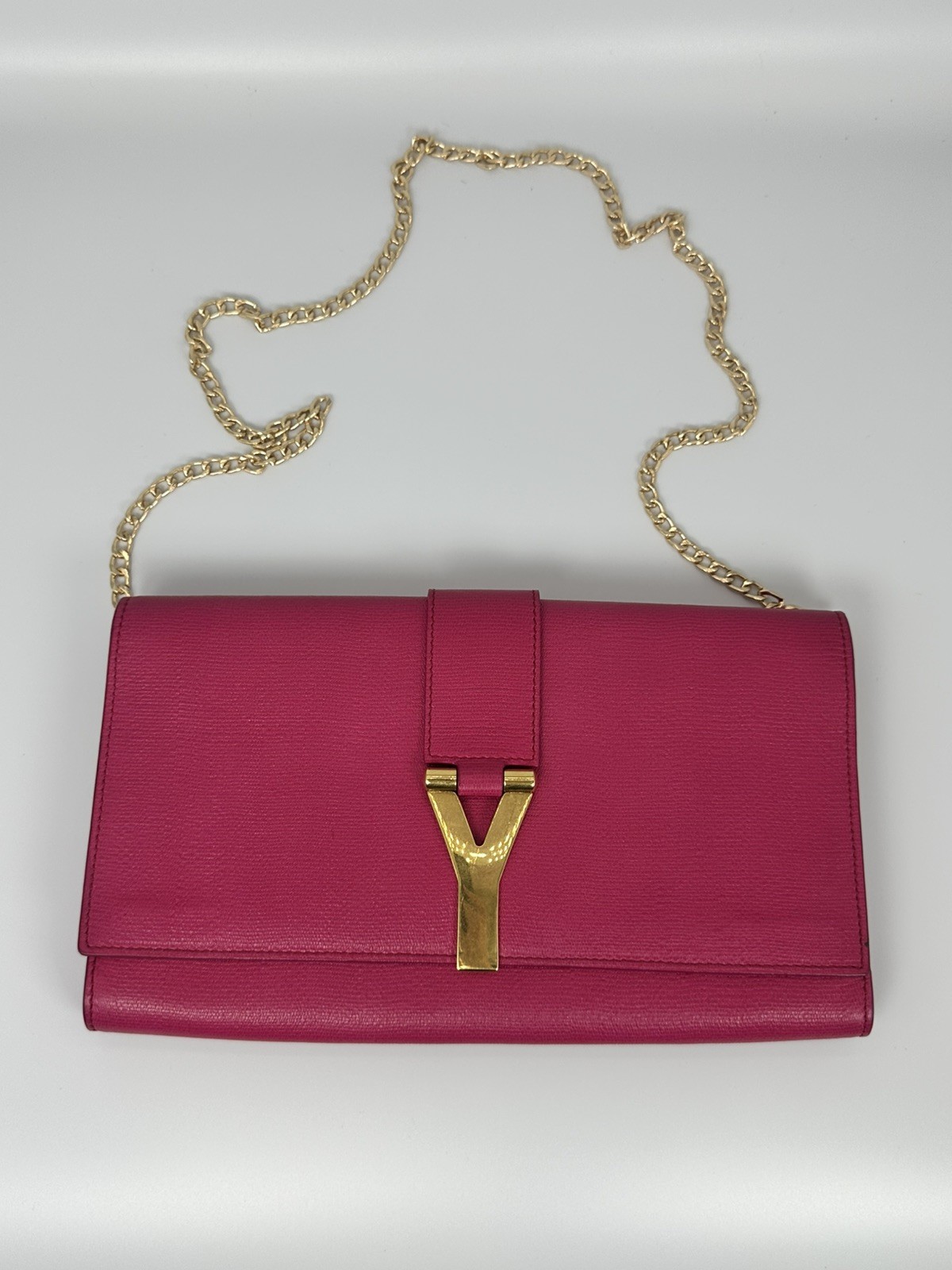 100% Authentic Saint Laurent Y Ligne Fuchsia Textured Leather Clutch COA & Chain