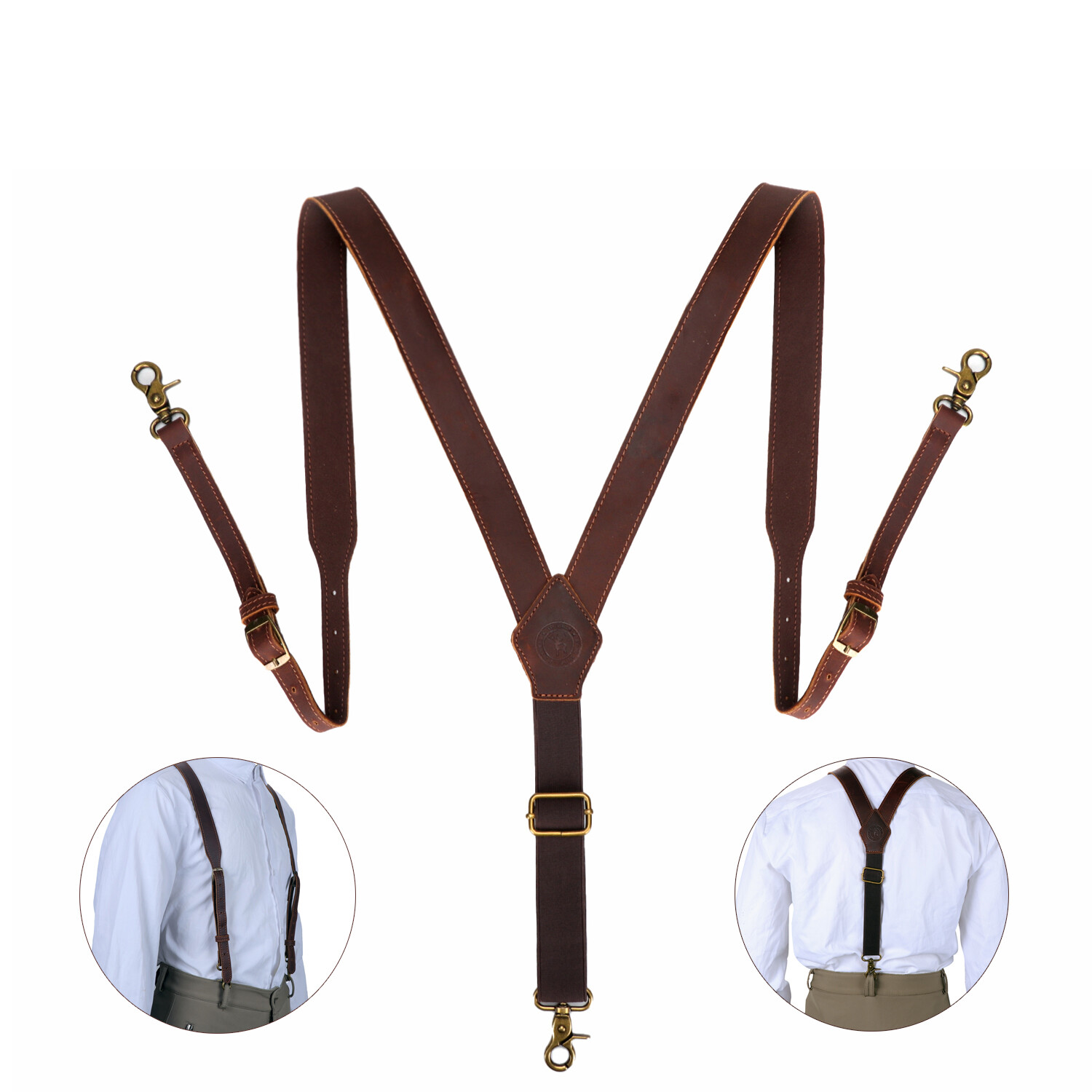 TOURBON Men’s Y-Back Suspender Pants Braces 3 Hook Adjustable Vintage Leather US