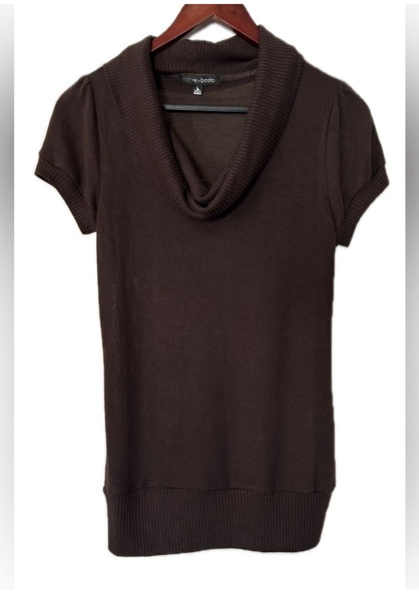 Active Basic Women’s Brown Solid Knit Cowl Neck Short Sleeve Pullover Sweater L