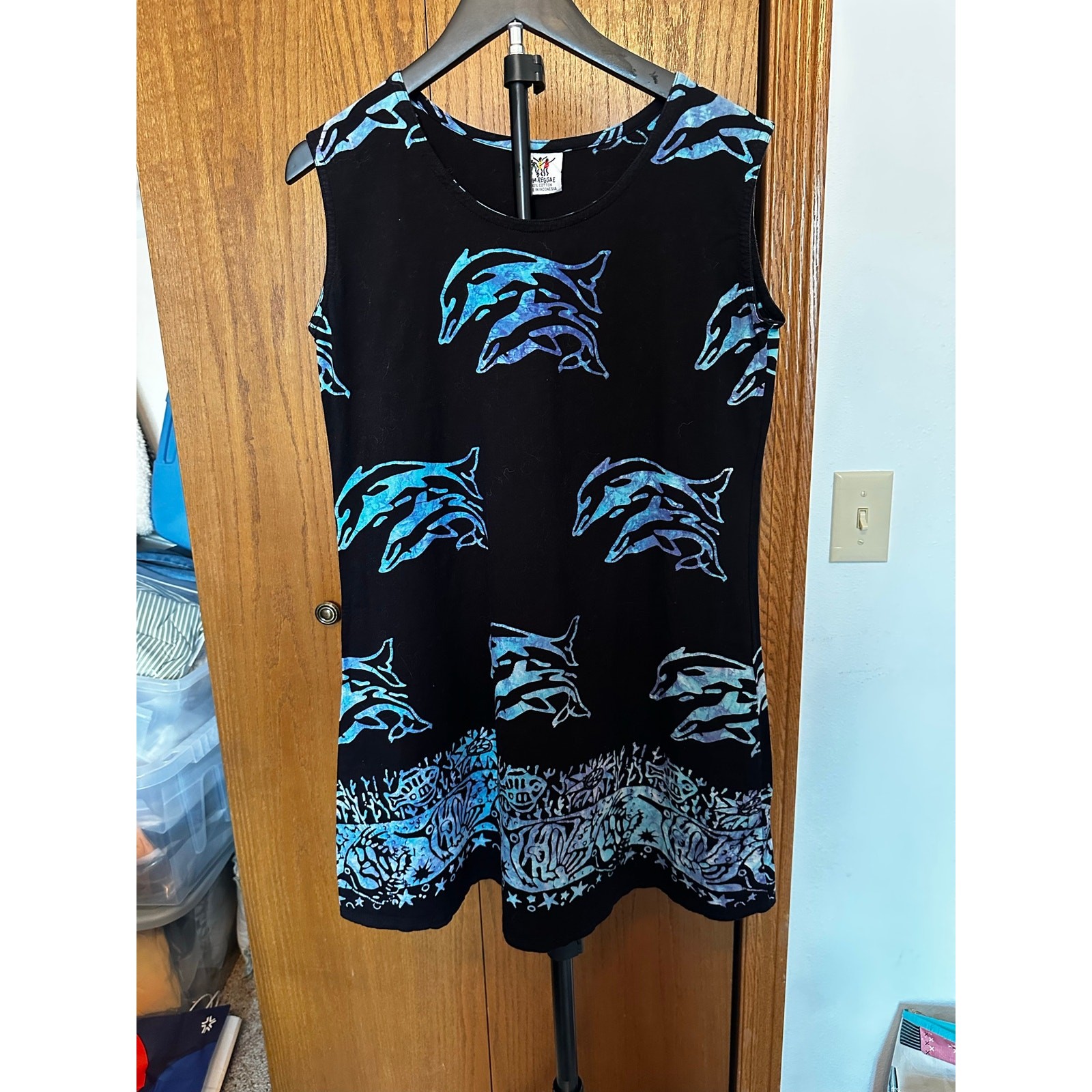 Rum Reggae Black Cotton Batik Dolphin All Over Print Sun Dress Size Small