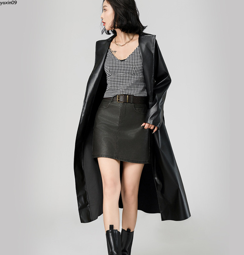 Women Trench Coat Long Loose Jacket Faux Leather Overcoat with Belt Long PU Coat