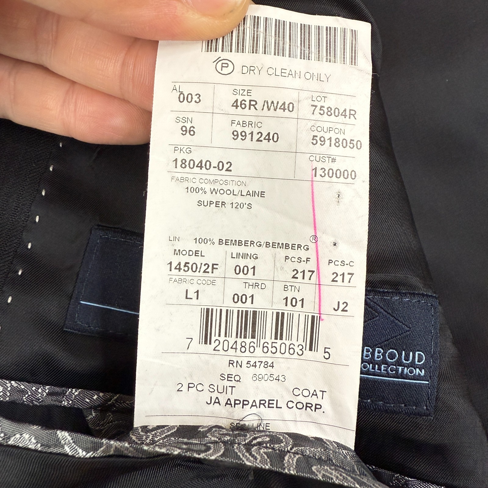 Joseph Abboud Suit Mens 46R Black 2 Button Loro Piana Wool Pants 40×27 Flat