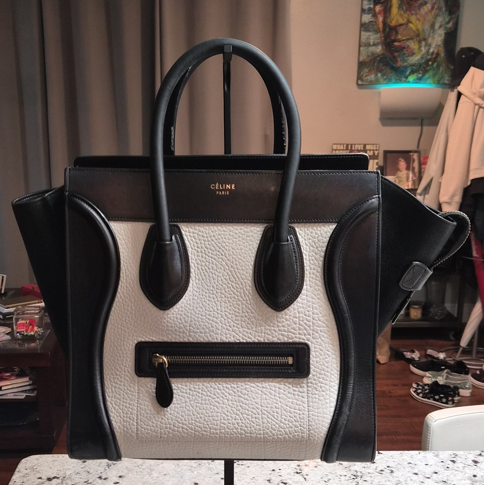 Authentic Celine Mini Luggage Tote Tricolor Black Cream Grained Leather Bag