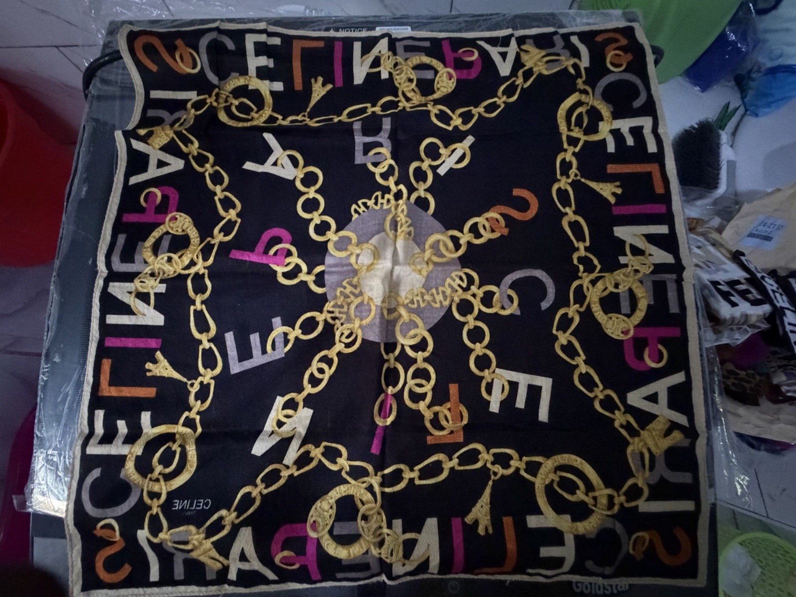 Black CELINE PARIS Typography Scarf with Gold Chain Logo
