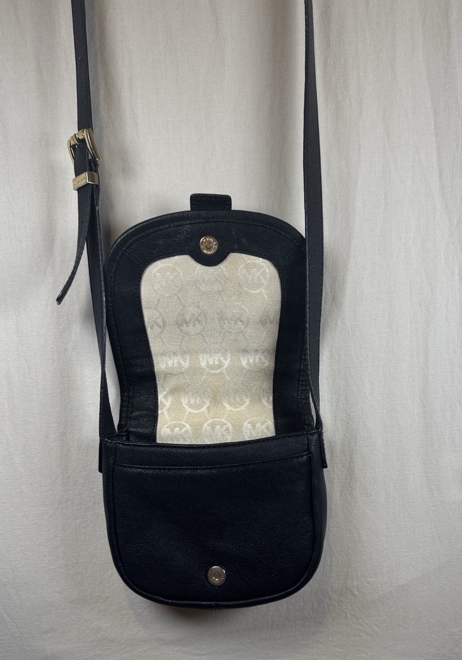 Michael Kors Black Leather Small Saddle Crossbody Bag Gold Buckle