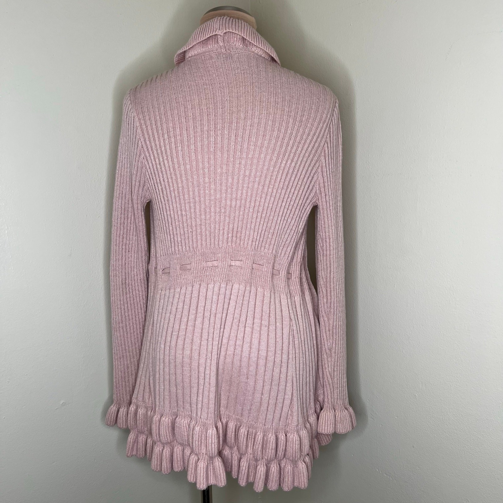 Cache Wool Blend Cardigan S/M Women Pink Angora Tie Front Ruffle Chunky Rib Knit