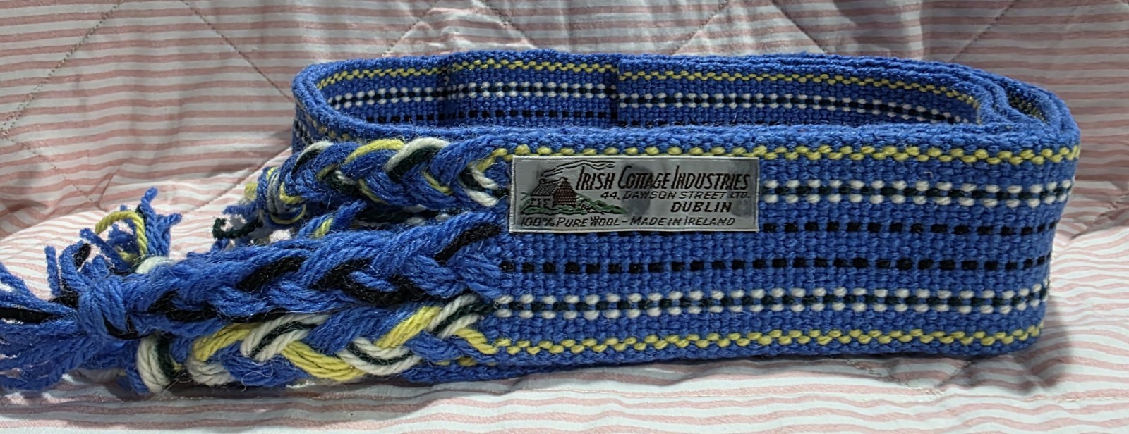 Irish Cottage Industries Woven Blue-Yellow-Scarf/Belt- Pure Wool-Dublin Ireland