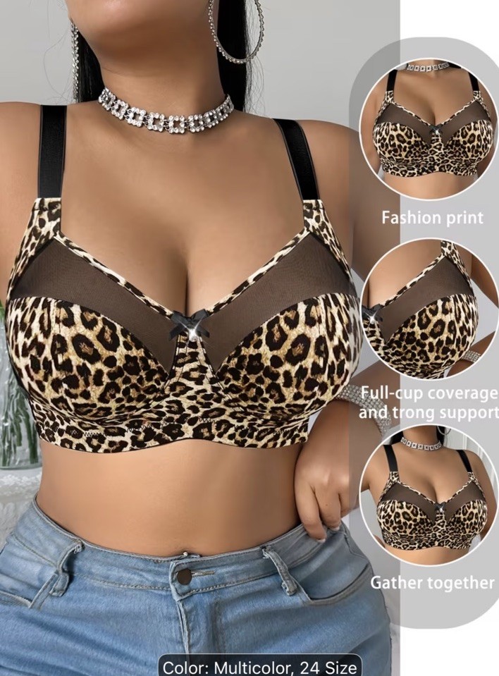 Mesh paneled Sexy plus size Leopard print wire free Casual