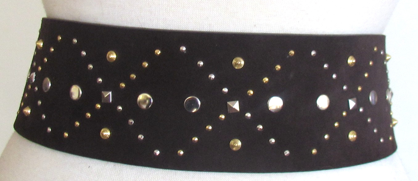 DESIGNER BLUE DEEP ITALY BROWN SUEDE GOLD /SILVER STUDDED 3″ WIDE 36″LONG BELT