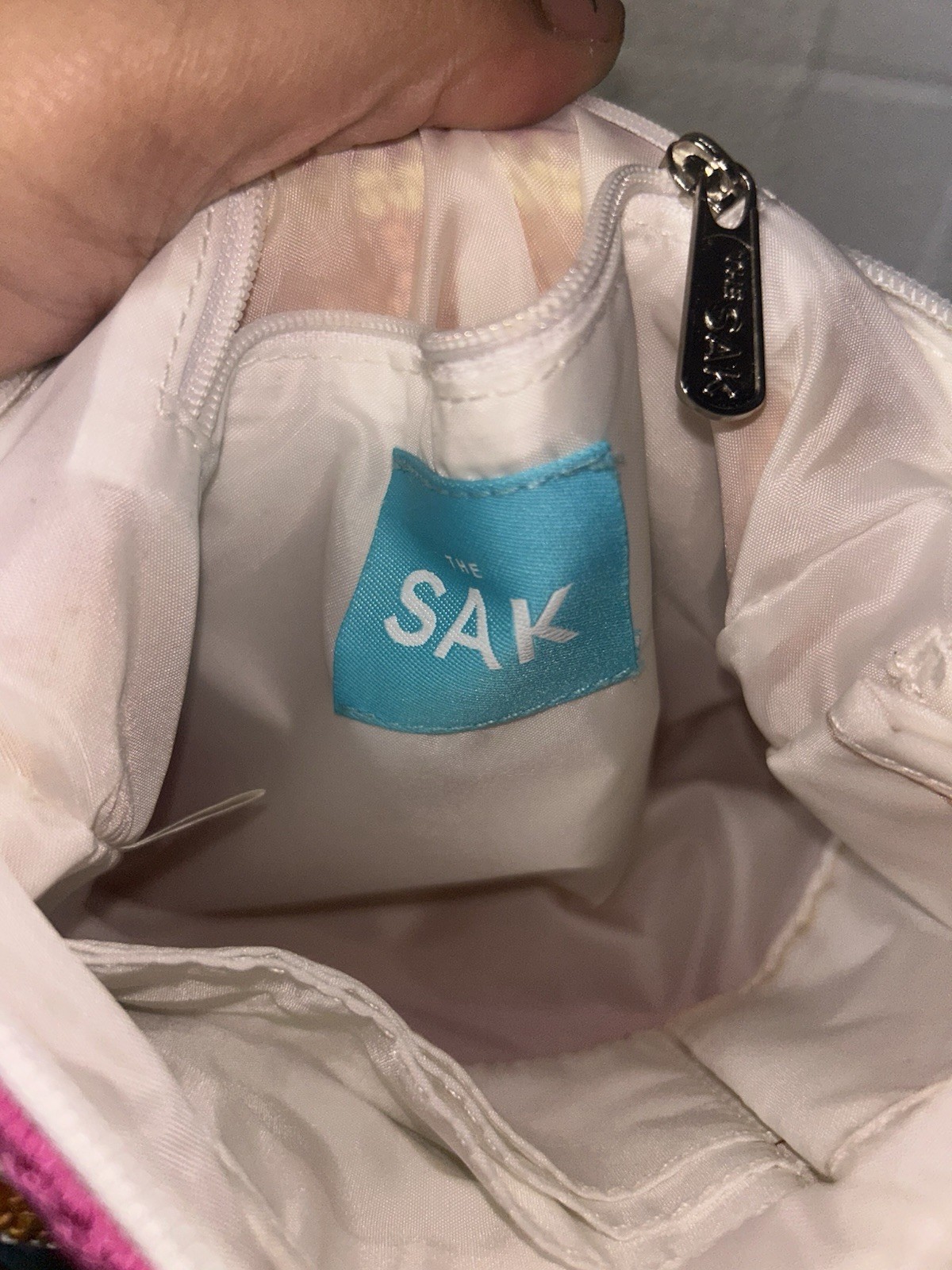 The Sak Striped Multicolor Crochet Crossbody Bag Zip Lined Pink Strap Logo