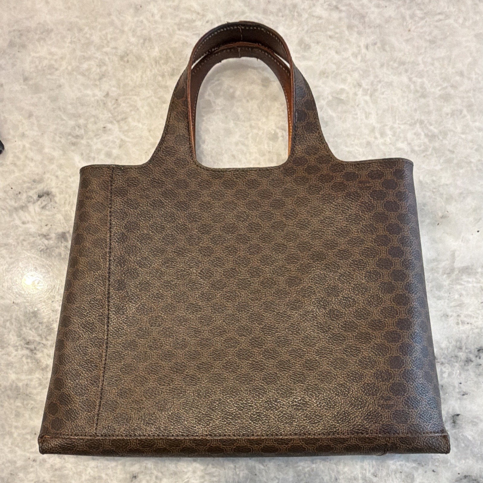 CELINE Brown Monogram Tote Bag Zip Closure Logo Stripe Inner Pockets Top Handle