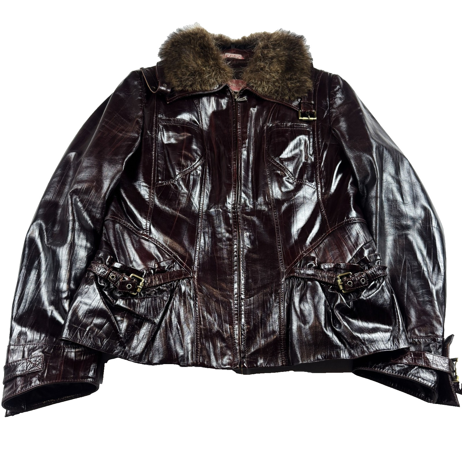 Womens Vintage Brown Leather Jacket Fur Collar Buckle Pocket Biker Moto Style