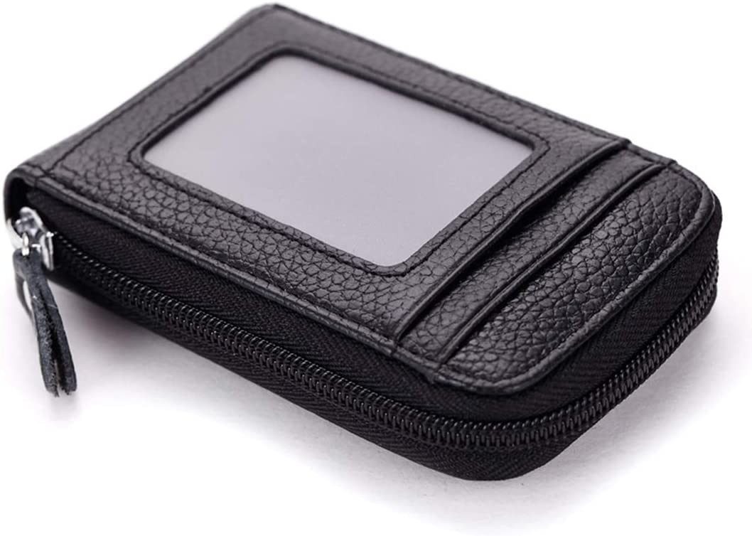 Men Leather Credit Card Holder RFID-Blocking Zipper Pocket Wallet with ID Window