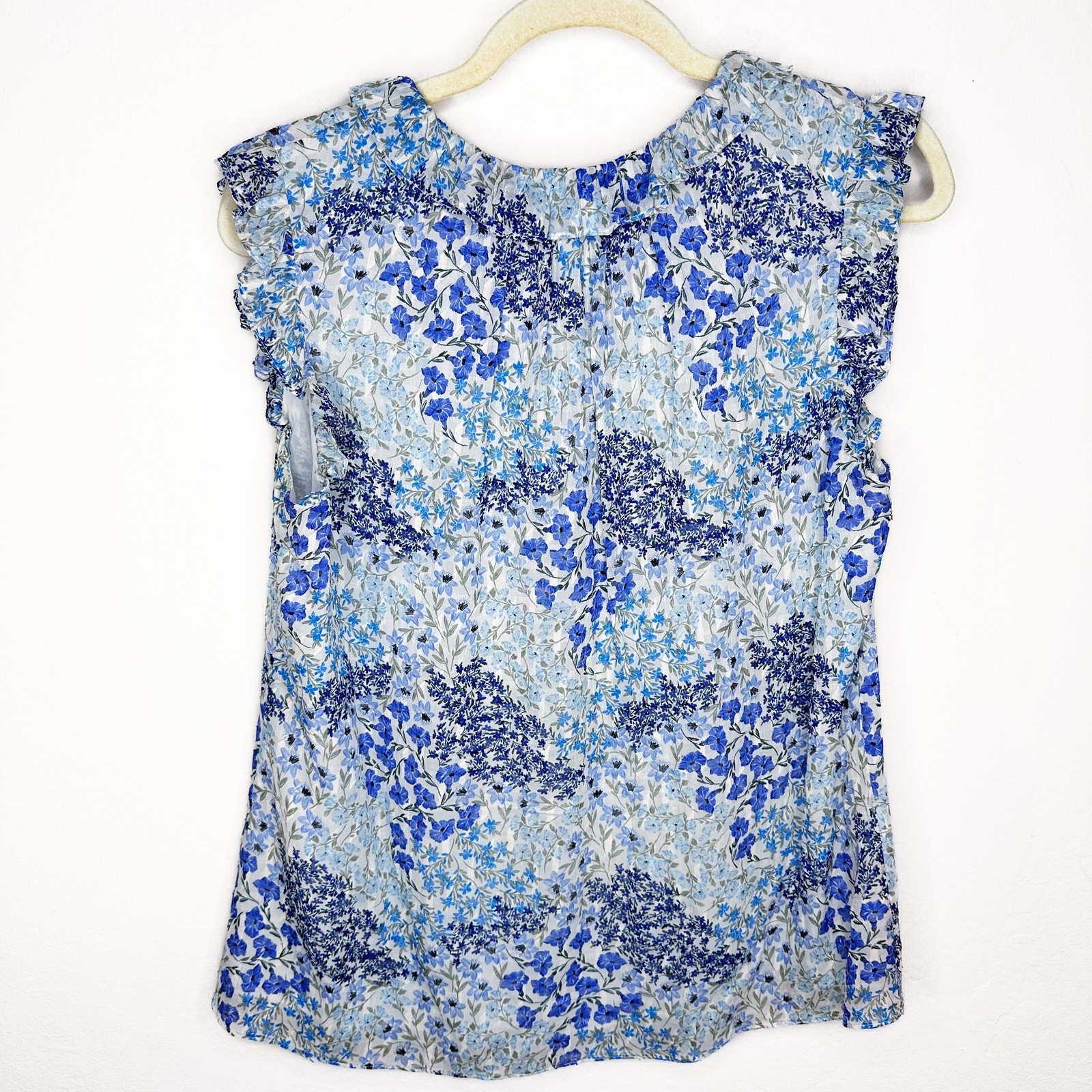 Rebecca Taylor Ava Sleeveless Floral Blue Silk Blend Tie V Neck Blouse Top 8