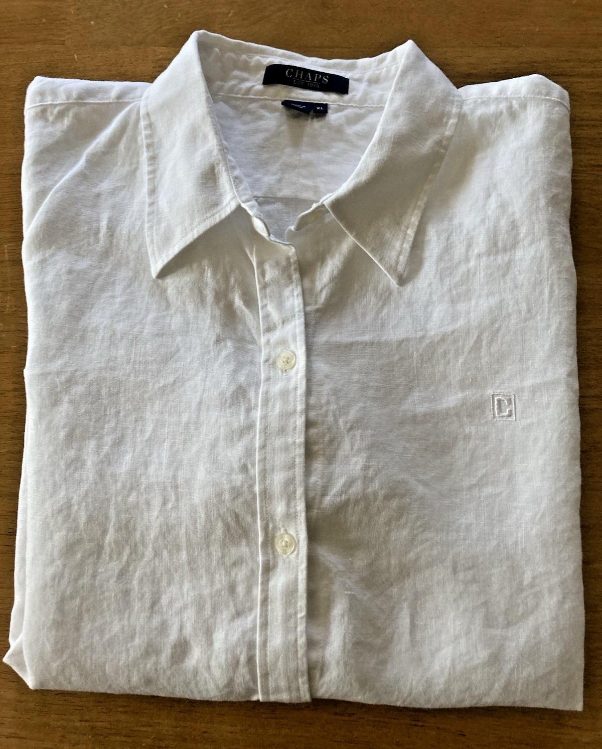 Chaps *Logo* White Button Up Collared Blouse 100% Linen SZ XL 3/4 Split Sleeve