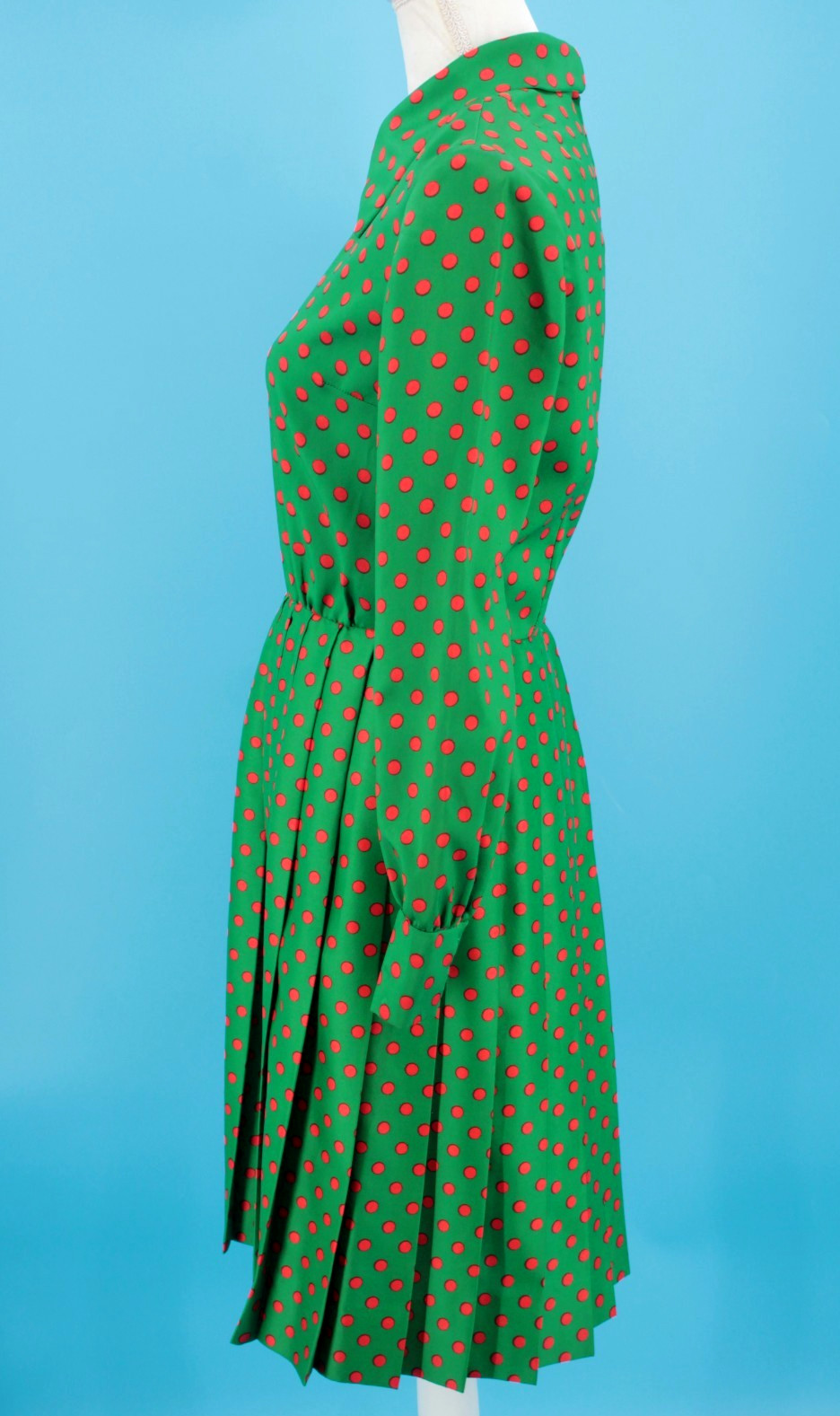 VTG 60s Green & Red Polka Dot Mod Pleated Skirt Dress Sz M 1960s Carlye