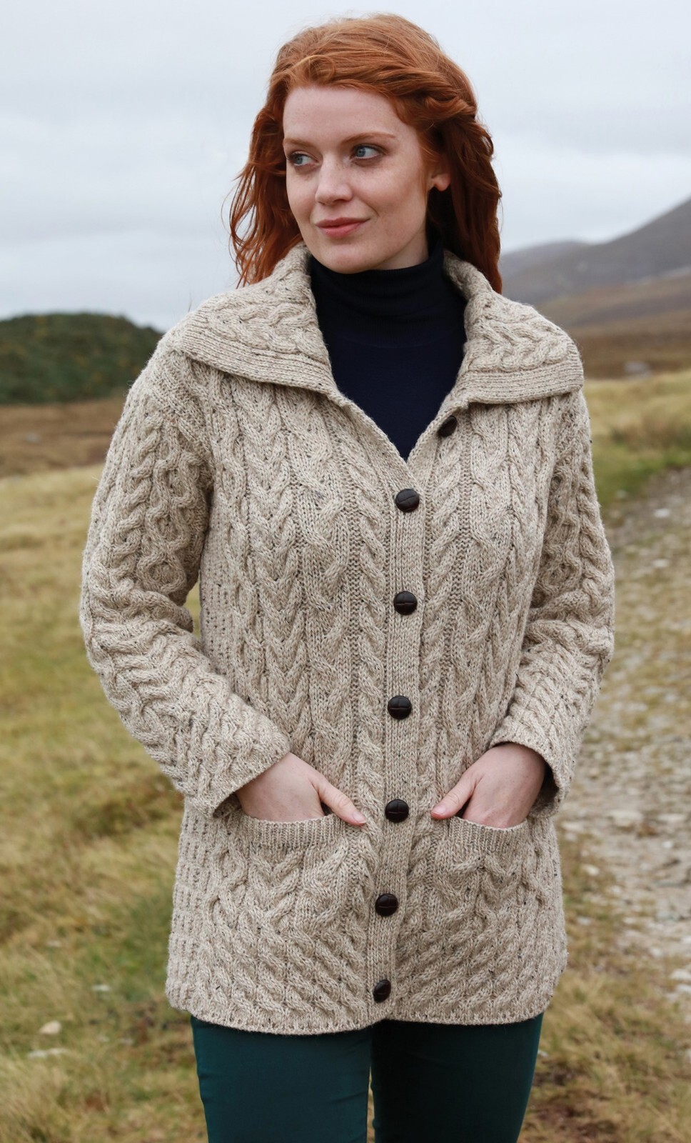 Aran Irish Cable Knit Button Cardigan Sweater 100% Merino Wool Long Jacket