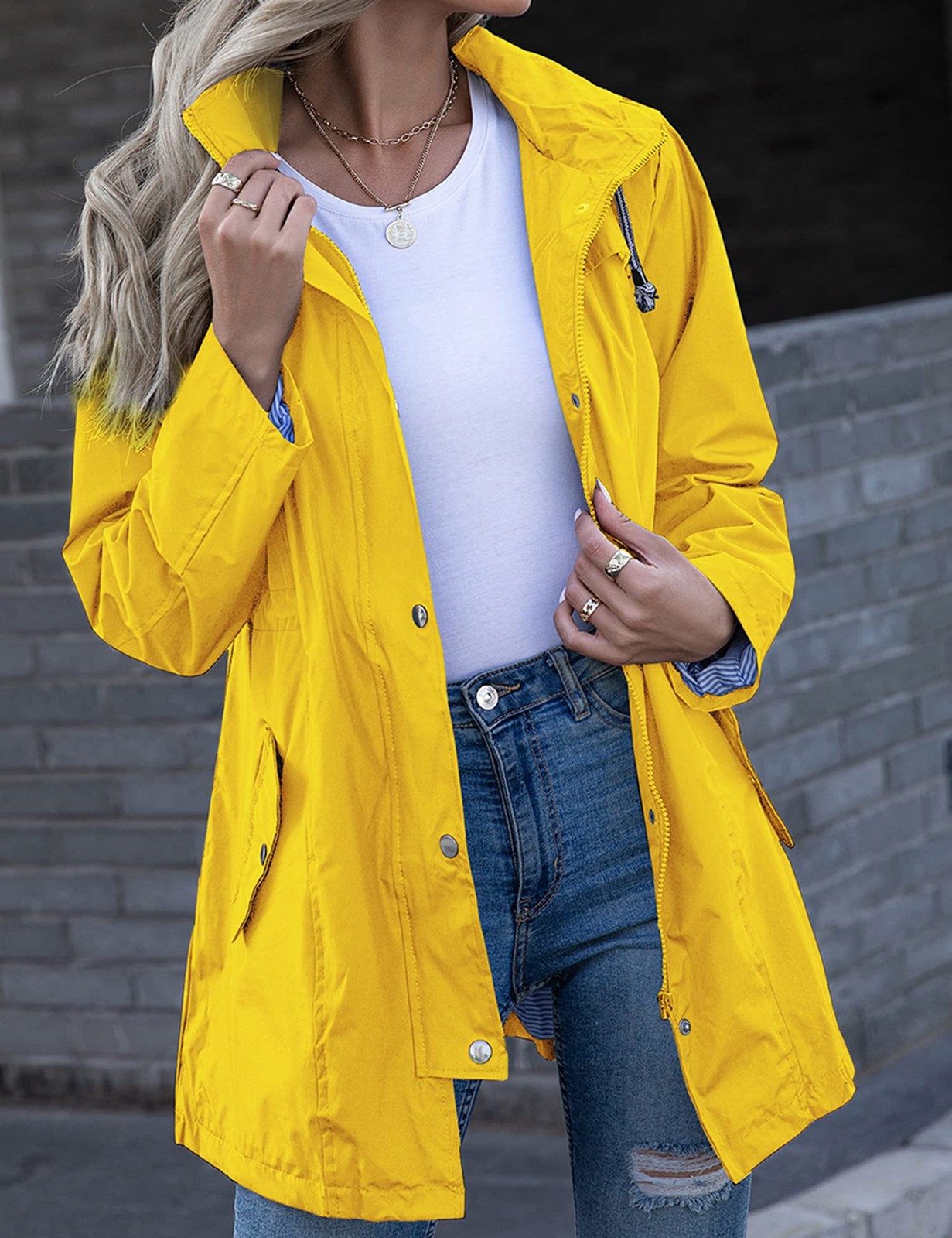 Casual Outdoor Rain Jackets Long Rainwear Jacket (Yellow, L)