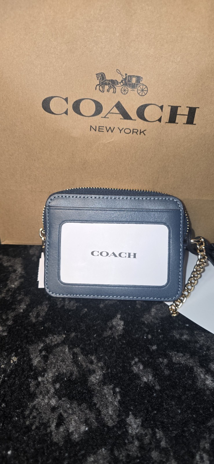 Coach Canvas/Leather Logo Zip-Around ID/Document Holder w/ Chain, Blue