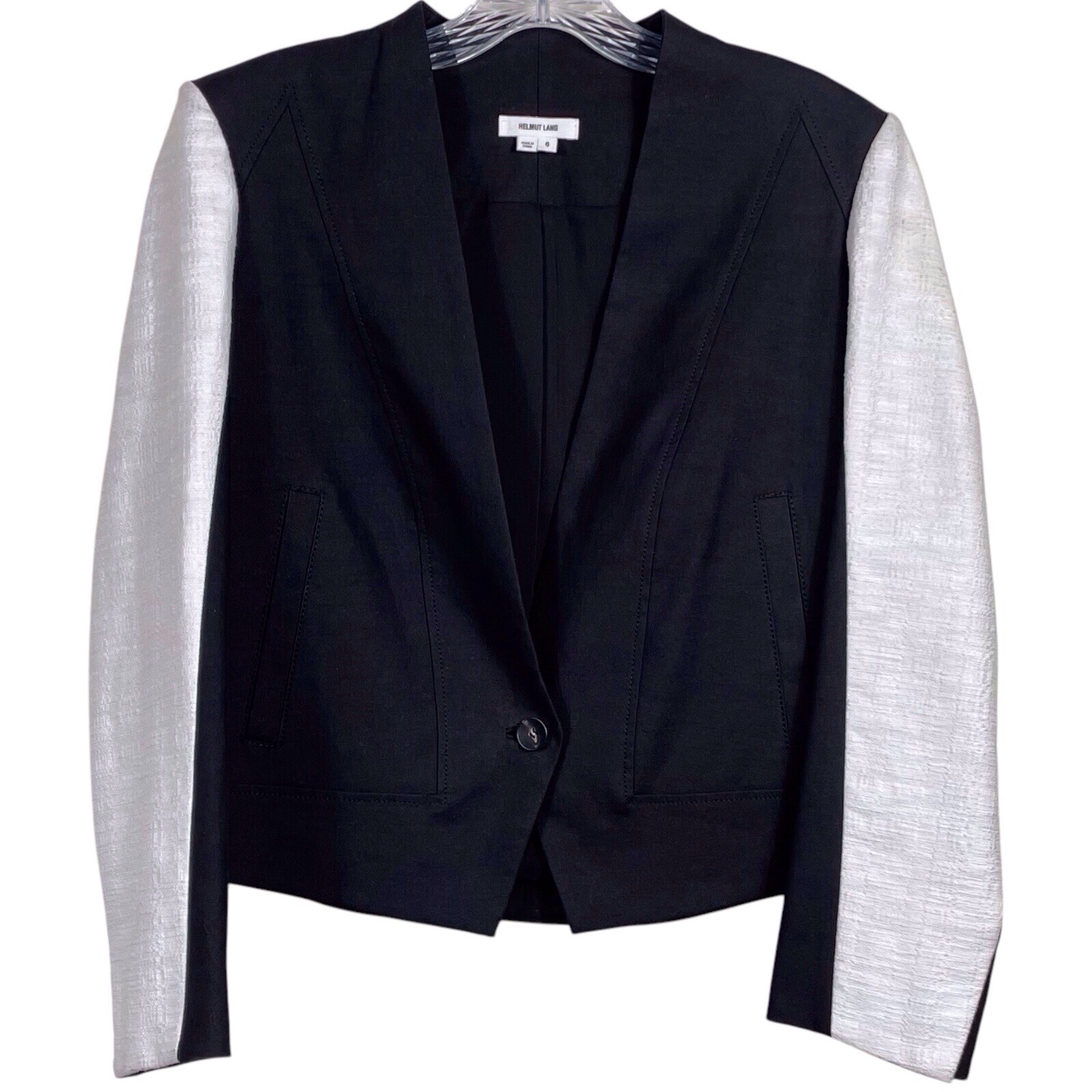 Helmut Lang Cropped Colorblock Blazer Size 6 Black White One-Button Tailored