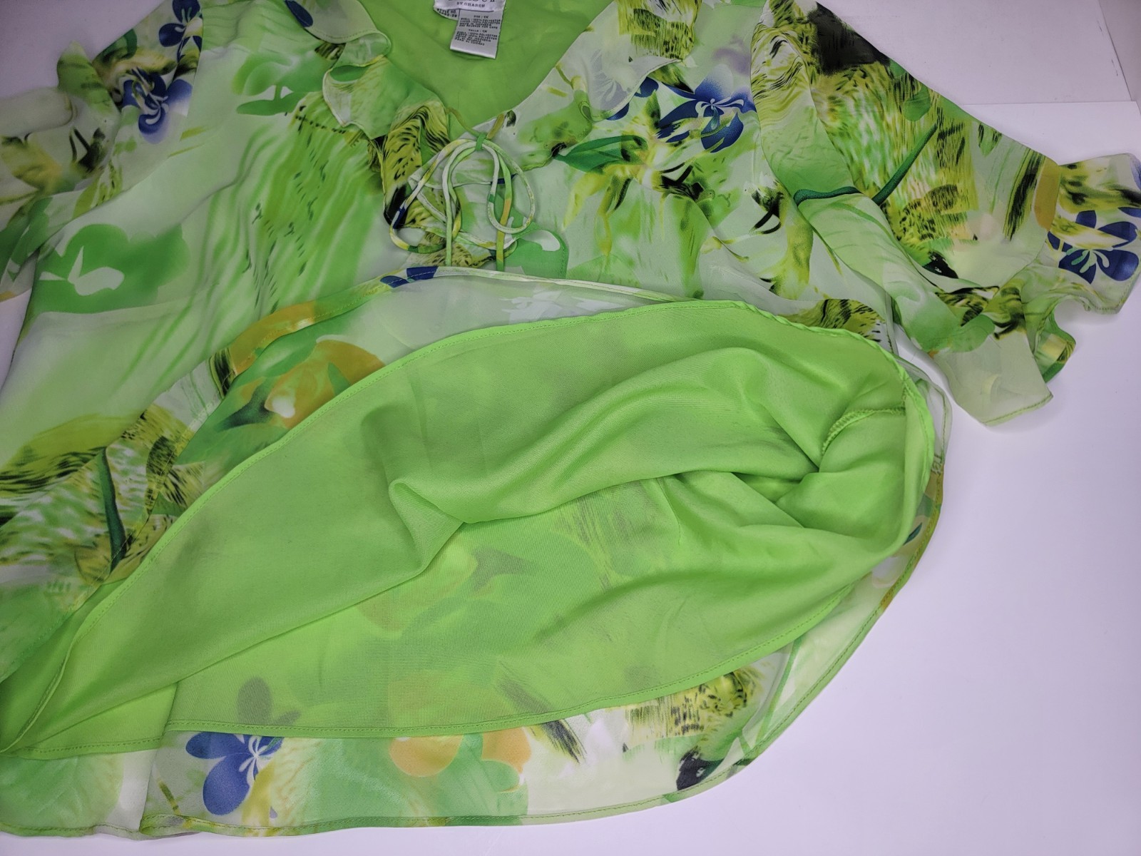 DRESS U II by SHARON Top Size 1X Green Floral Flutter Ruffle 1/2 Sleeve Blouse