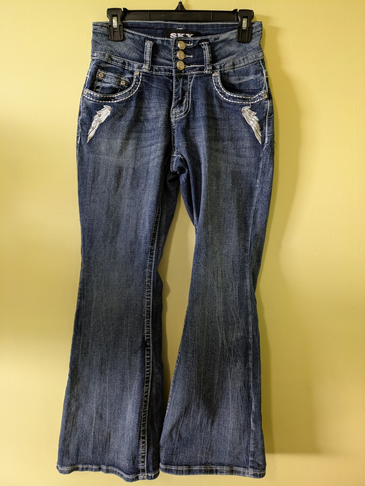 SKY Women’s Blue Medium Wash Bootcut Jeans Mid Rise 5-Pocket Heart Embellished 5