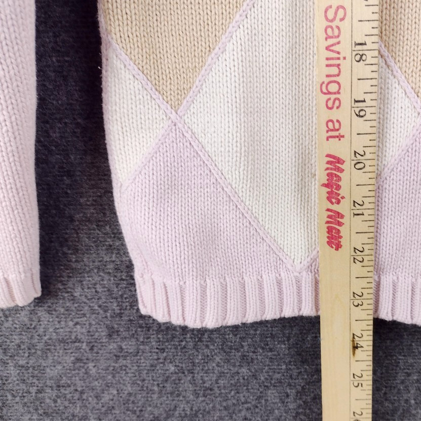VTG IZOD Sweater Womens Small Preppy Pink Argyle V Neck 100% Cotton Long Sleeve