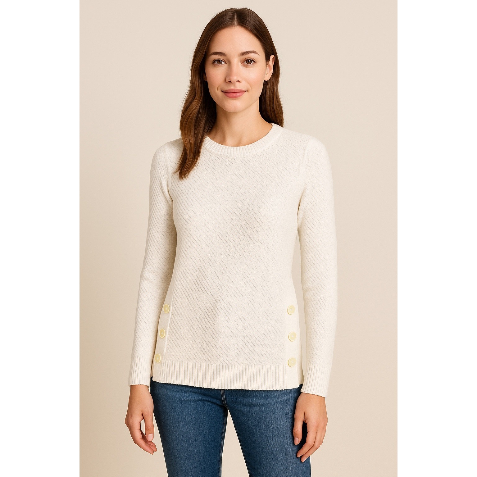 Ann Taylor Factory Cream Button Accent Textured Knit Sweater Womens