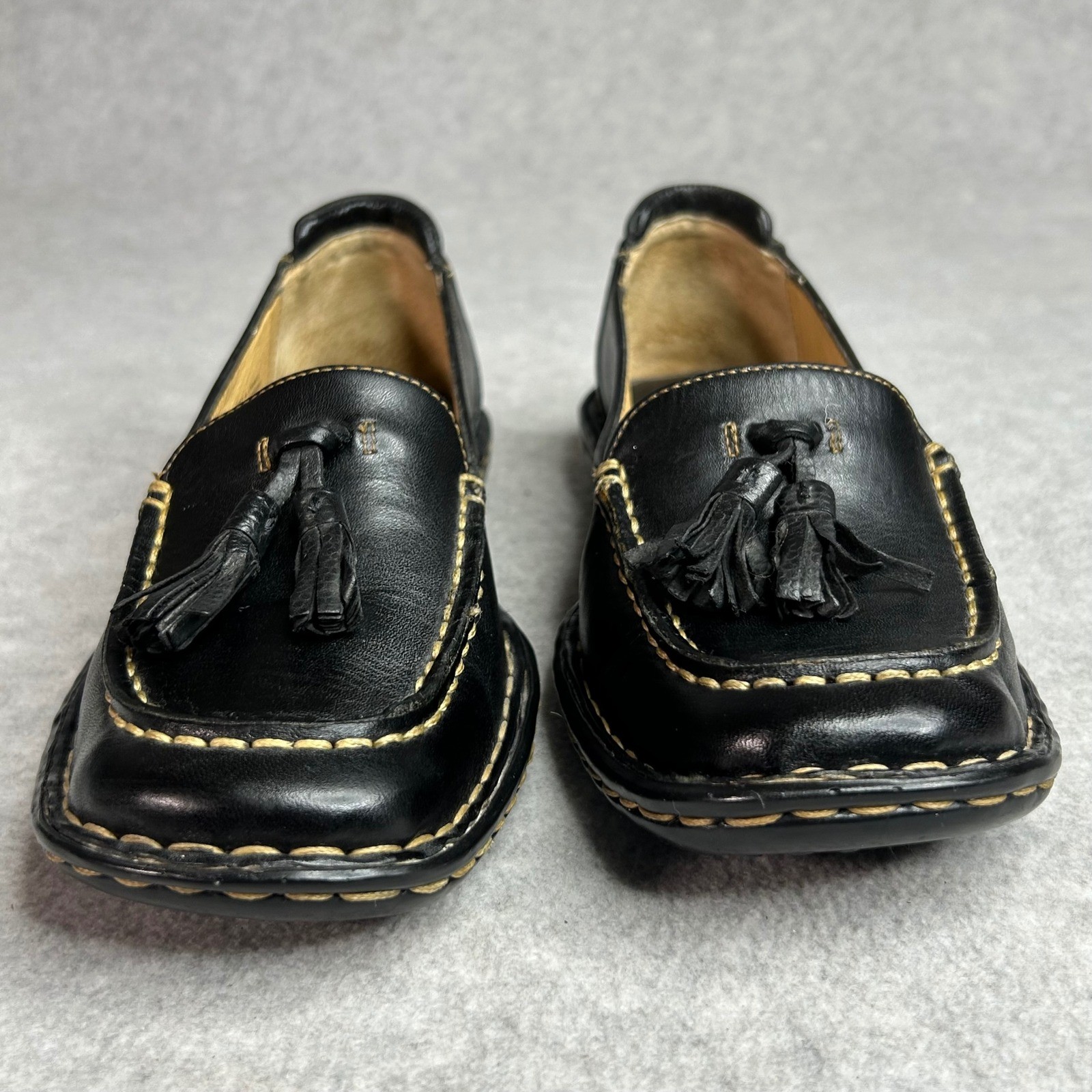 Born Black Leather Loafers Tassel Accent Stitching Comfort Slip On Shoes Women 7