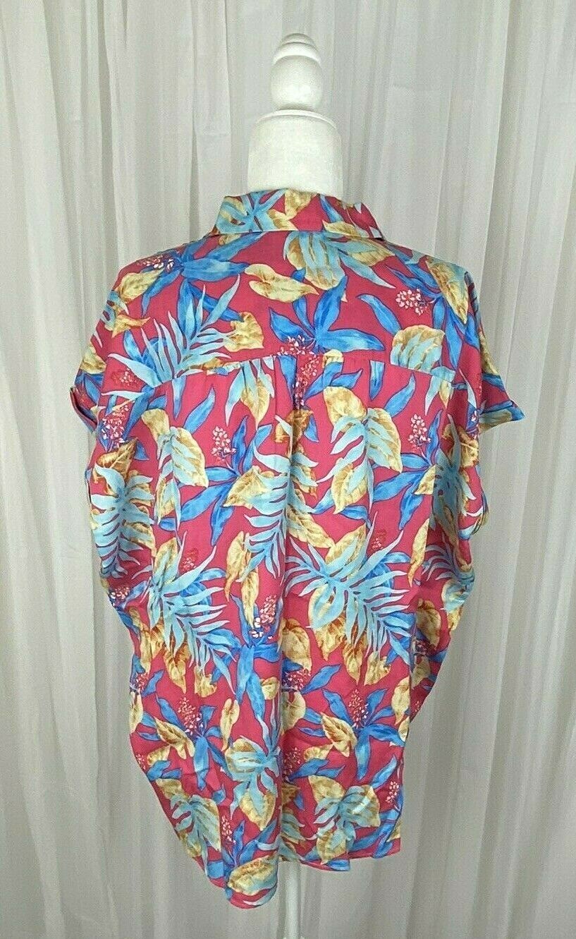 J Mclaughlin Sz M Coral Tropical Leaf Print Short Sleeve Blouse New