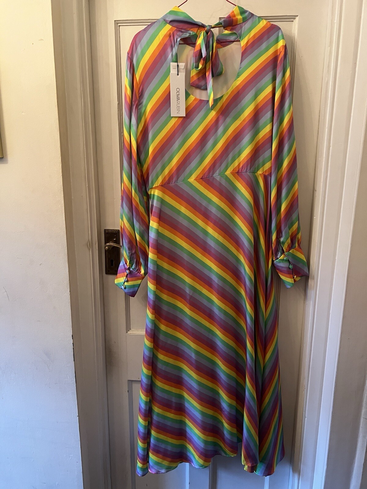 New Olivia Rubin Nessie Prism Stripe Silk Satin Print Midi Dress,UK 14