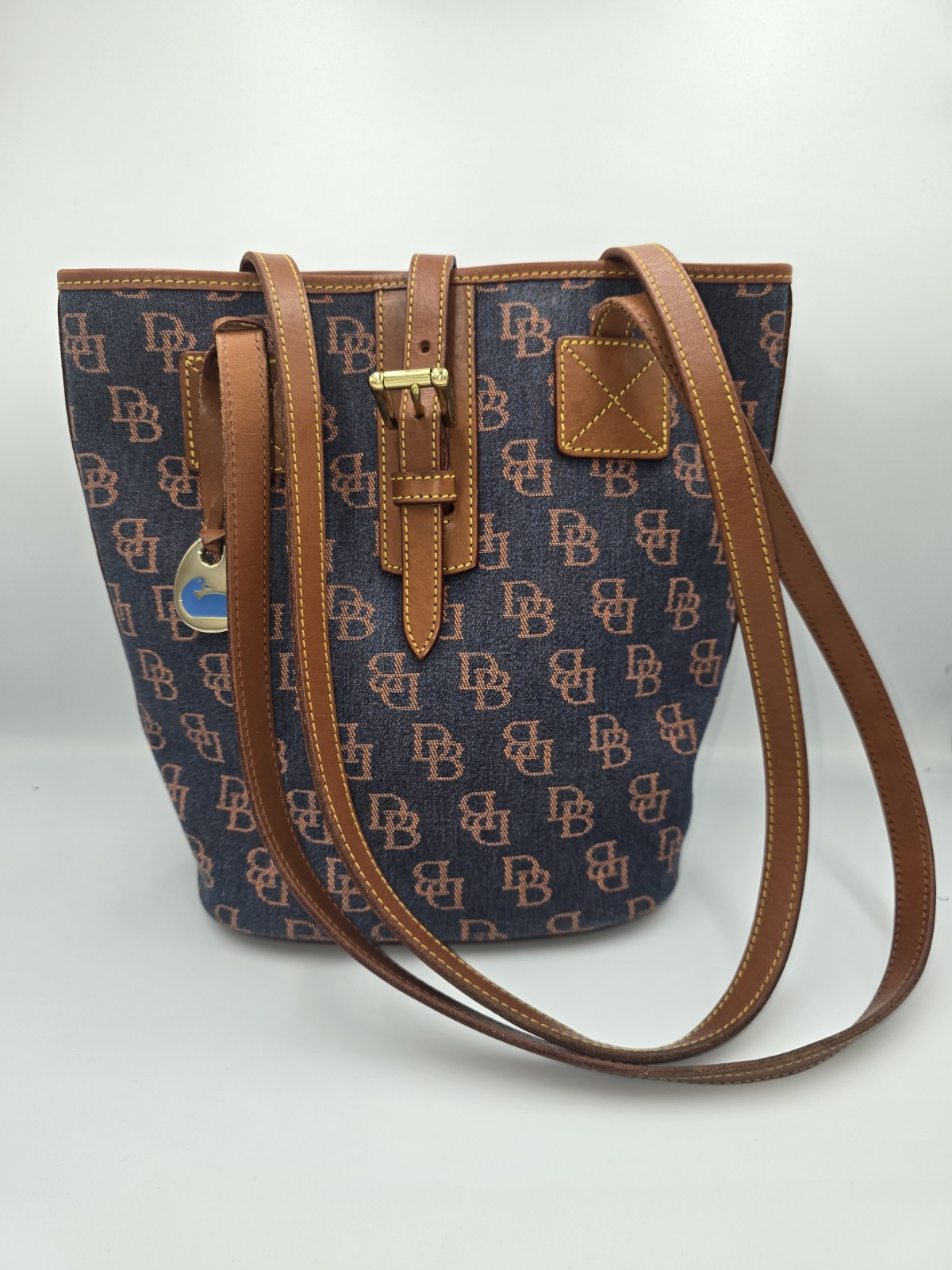 DOONEY & BOURKE Blue Canvas Denim Bucket Purse Handbag Brown Mnogrm Leather Trim