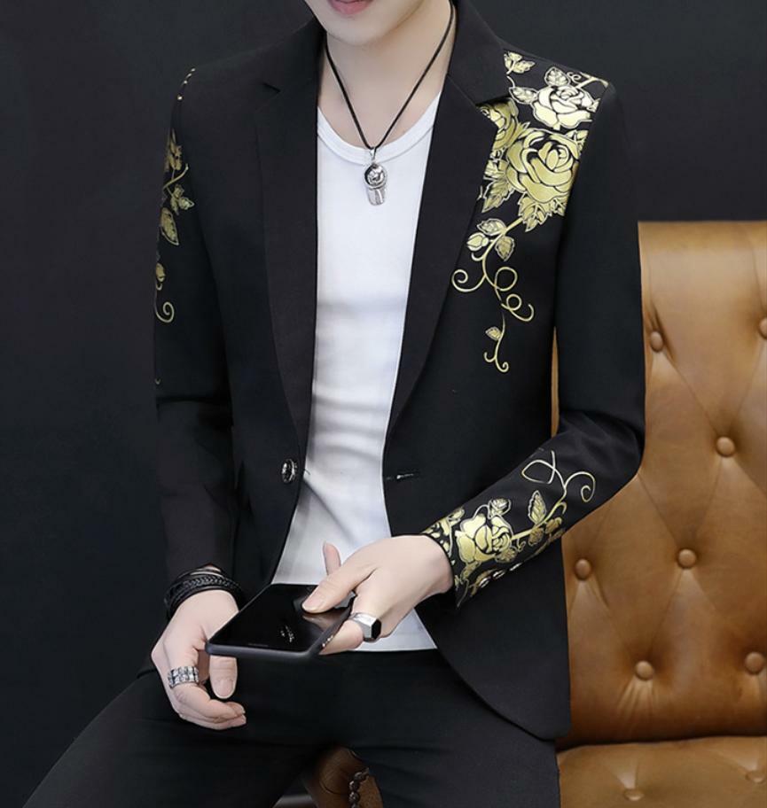 Floral Printing Men’s Dress Blazer Lapel Jacket Slim Fit Coat Nightclub Fashion