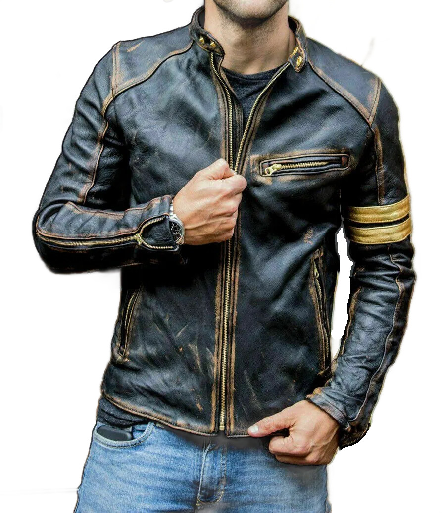 Mens Motorcycle Biker Vintage Cafe Racer Distressed Black Genuine Leather Jacket