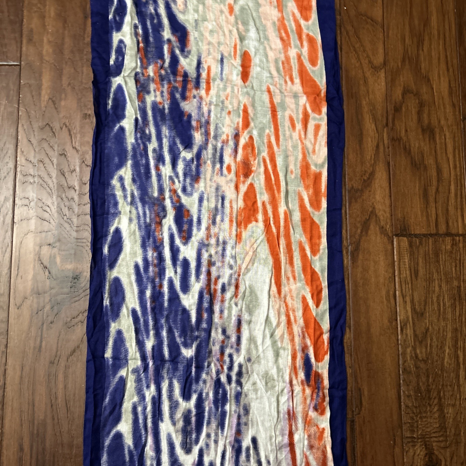 Blue Purple And Red abstract Ty Dye pattern semi-sheer long scarf fringe ends.