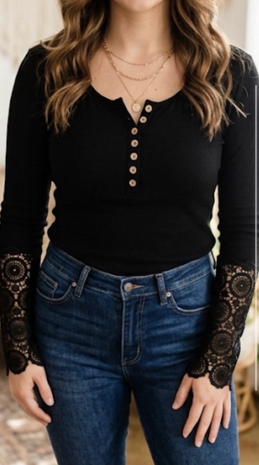 Women’s Black Henley Top Long Sleeve Crochet Lace Cuffs Size S Ribbed Knit