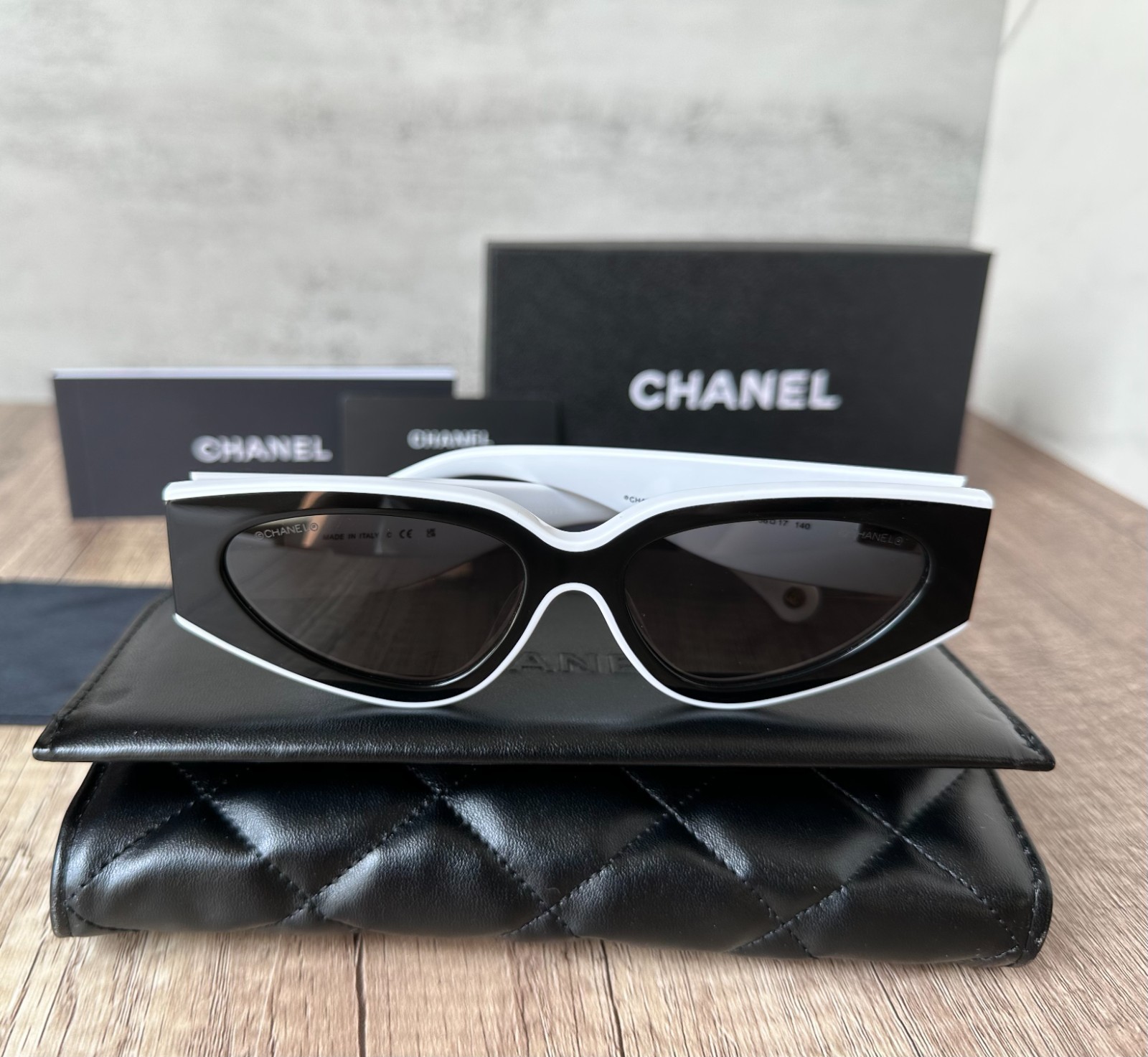 CHANEL SUNGLASSES BLACK WHITE FRAME CLASSIC 6056 CAT EYE WOMEN