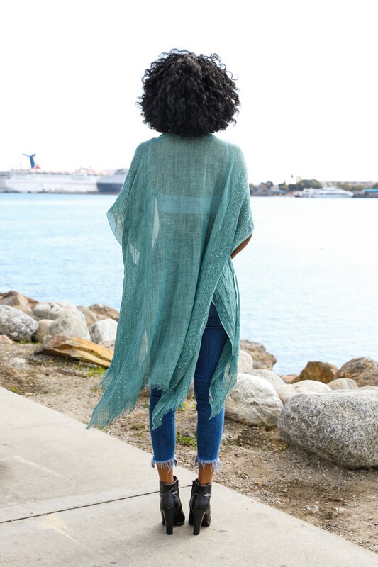 Womens Open Front Long Kimono Cardigan Sequin Frayed Trim High Low Boho Duster