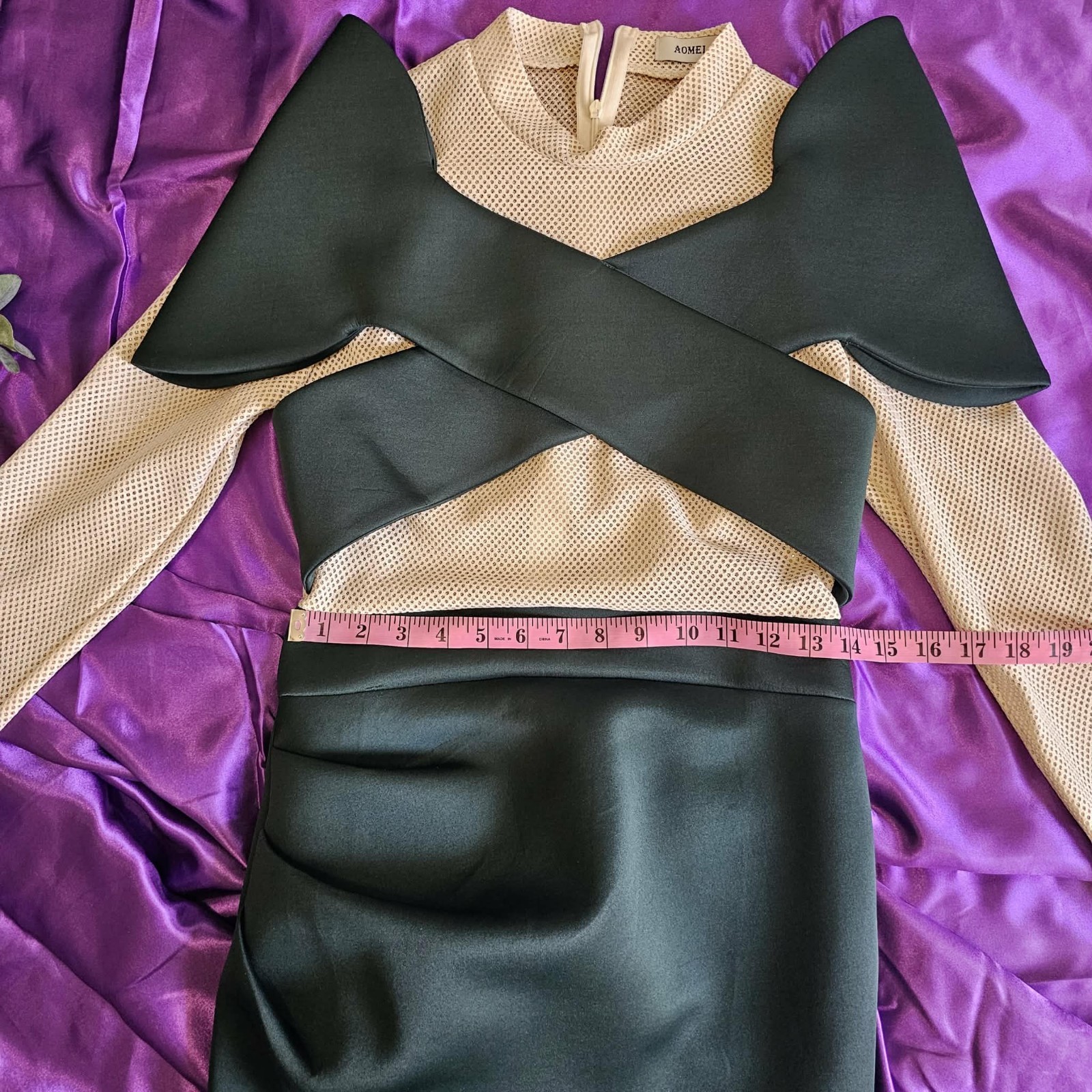 AOMEI Black Beige Solid Mesh Cut Out High Neck Long Sleeve Bodycon Dress S