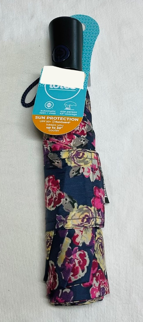 TOTES UMBRELLA NAVY BLUE PINK FLOWERS AUTO OPEN +CLOSE SUNGUARD 43 IN COVER NWT