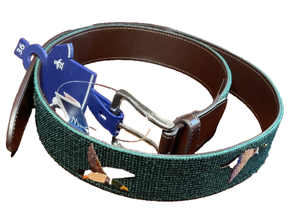 Penguin Men’s Belt Size MEDIUM 36 GREEN BROWN DUCKS EMBROIDERED Woven NWT