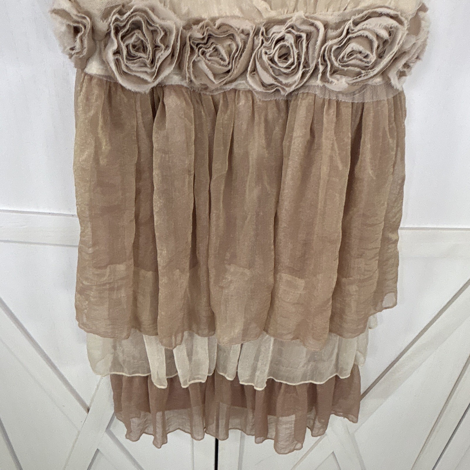 Angie Beige/Brown Solid Chiffon Fit & Flare Dress V-Neck Sleeveless S