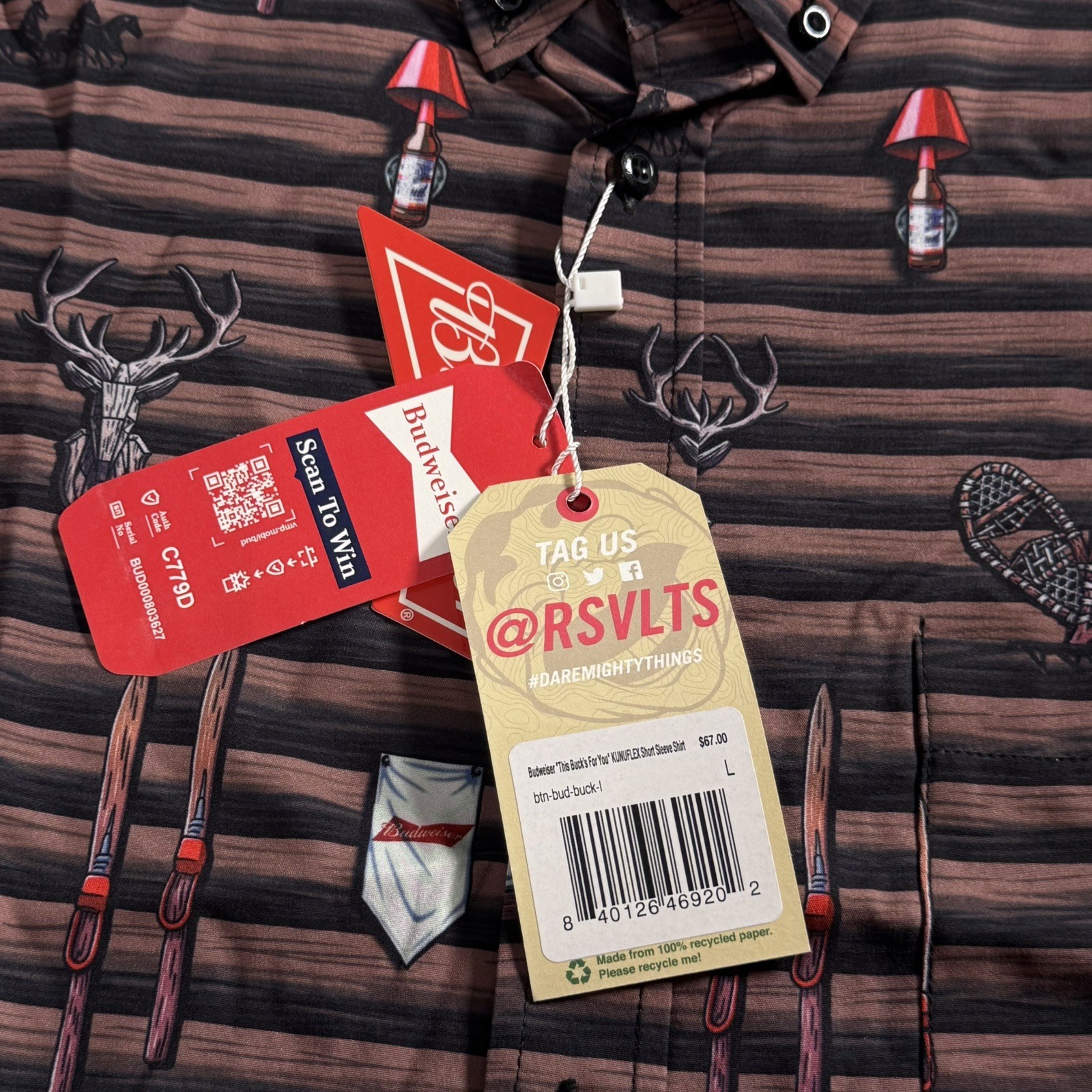 NWT RSVLTS Men’s BUDWEISER SKI LODGE BUCK RARE KUNU SHIRT LARGE Dad Comfort Beer