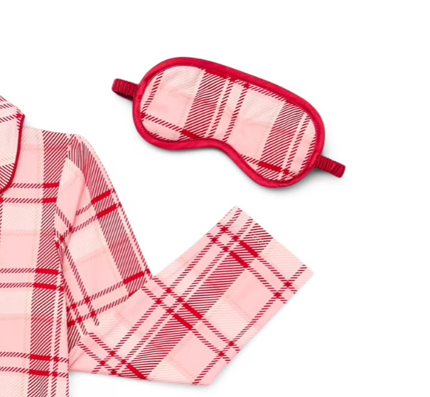 Holiday Time Girls Pajama Set Sz 7/8 Red-Pink 3-Pc with Eye Mask Plaid Sleepwear