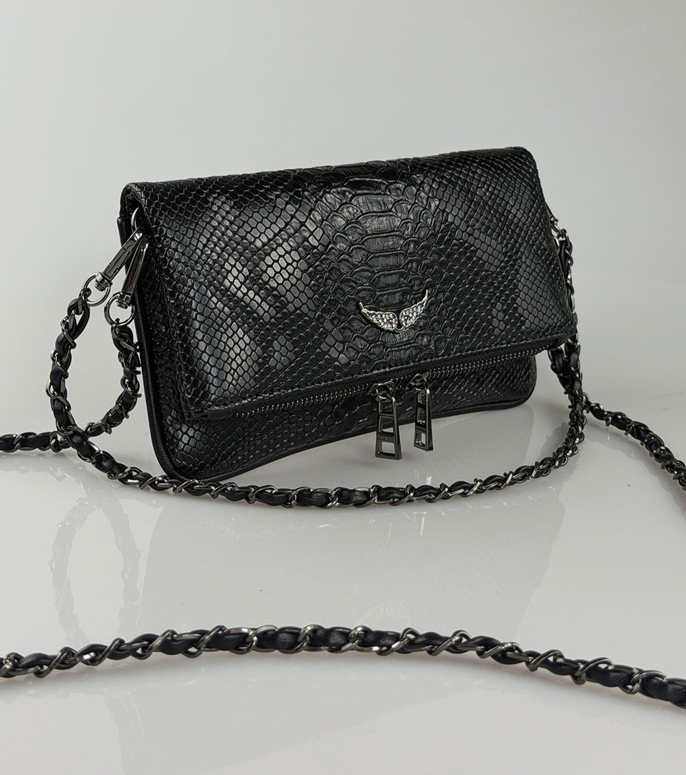 Zadig & Voltaire Rock Wing Black Snake Embossed Leather Crossbody Bag 22x15cm