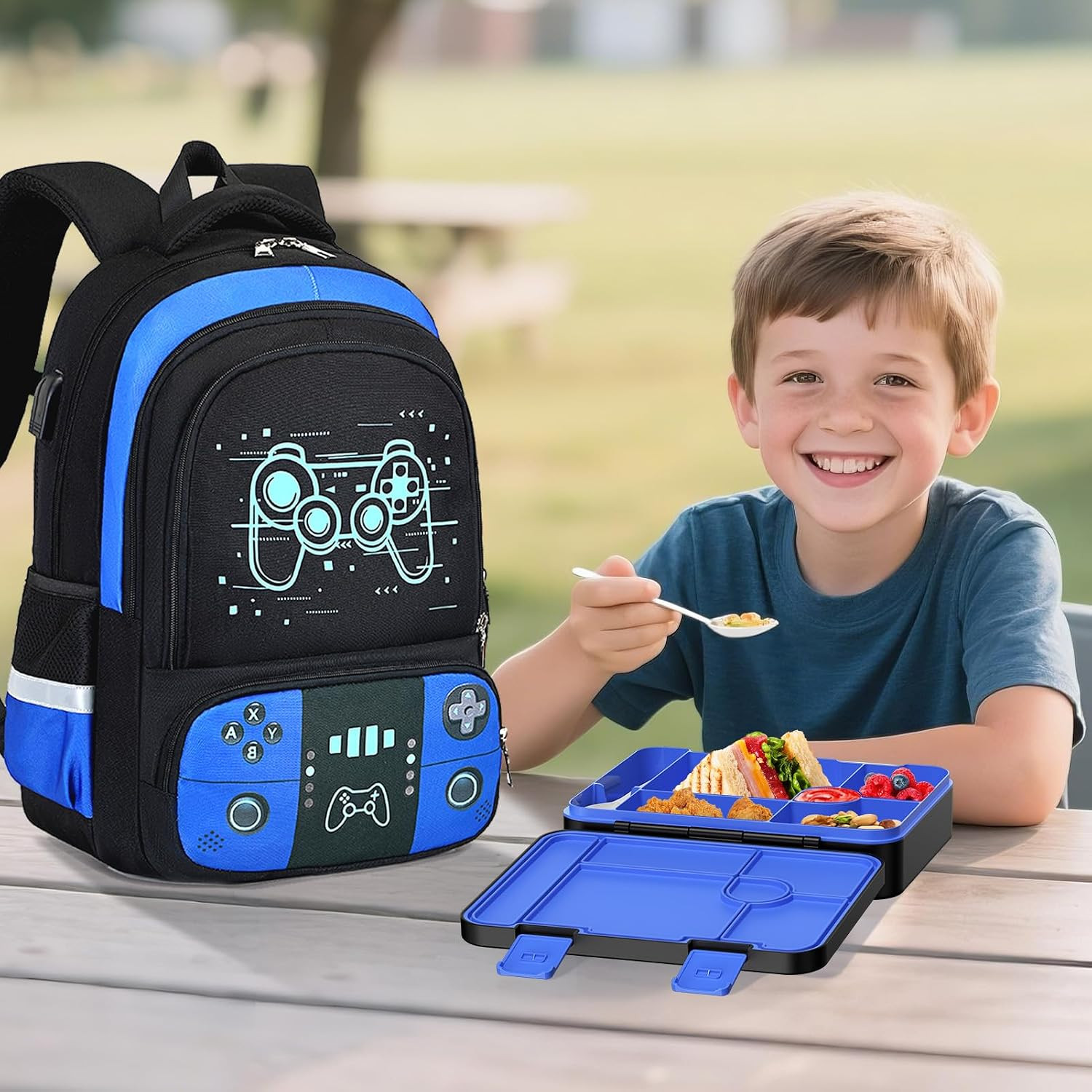 Backpack for Boys with Bento Lunch Box Set, Cool Luminous Gamer Boys Backpack Bo