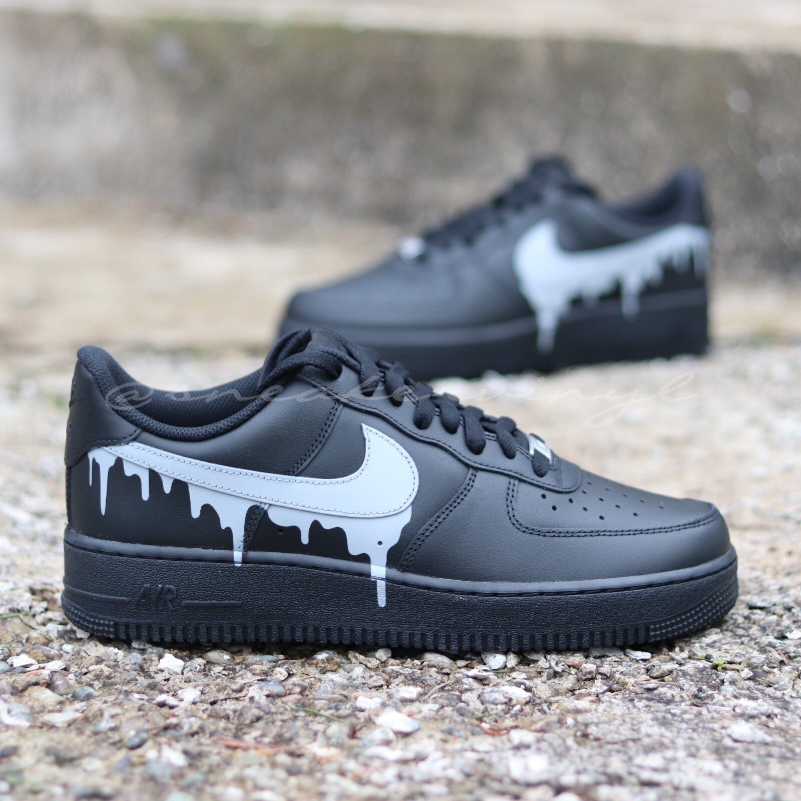 Custom Nike Air Force 1 Black & Grey Concrete Paint Drip Customized Sneakers