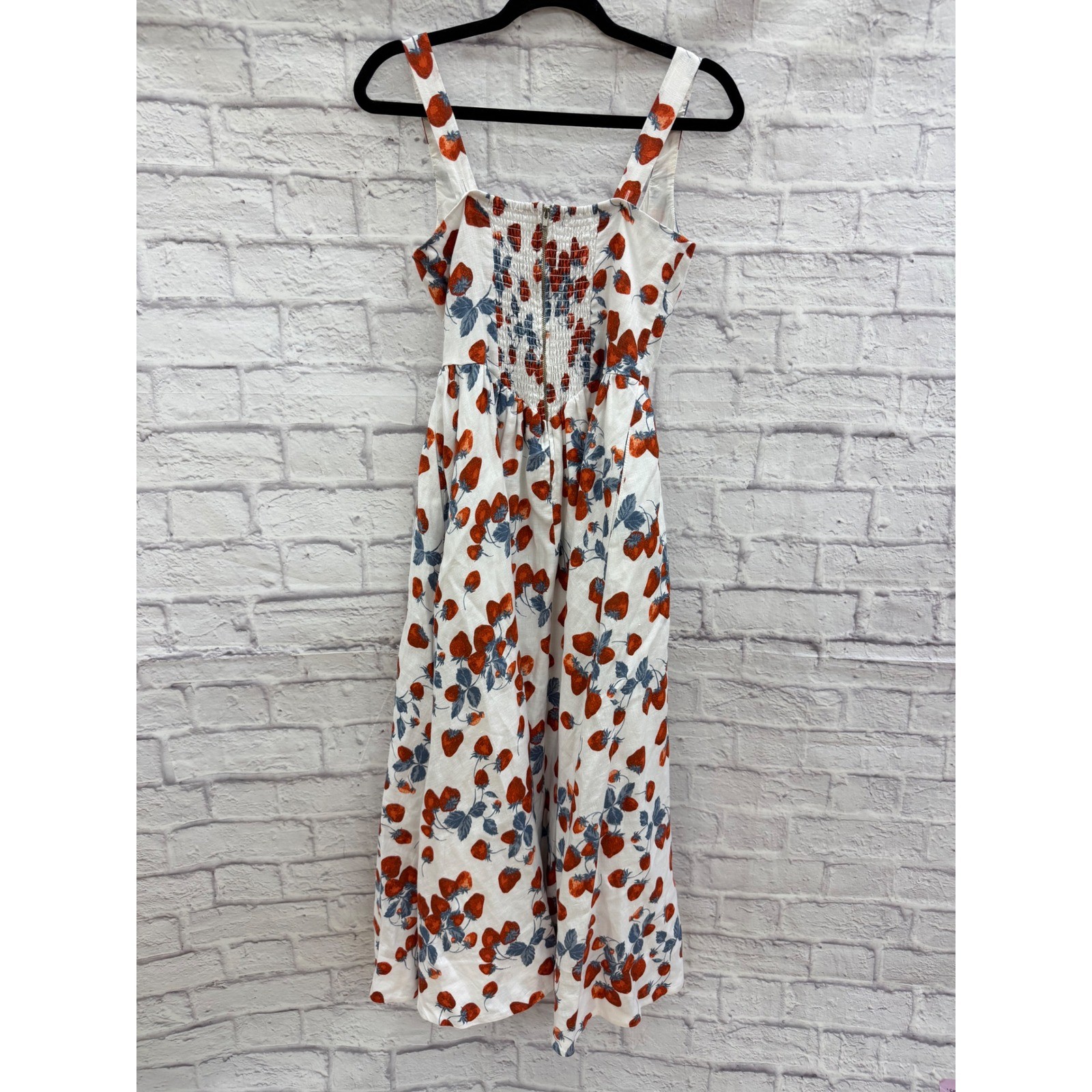 Reformation Balia Linen Strawberry Print Basque Waist Midi Dress White Red Sz 2
