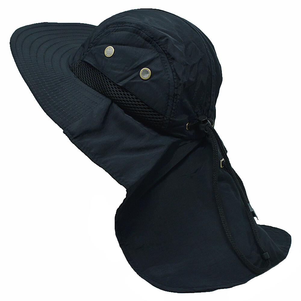 Mens Womens Boonie Snap Hat Sun Wide Brim Neck Flap Cap 100% Cotton Bucket Hats