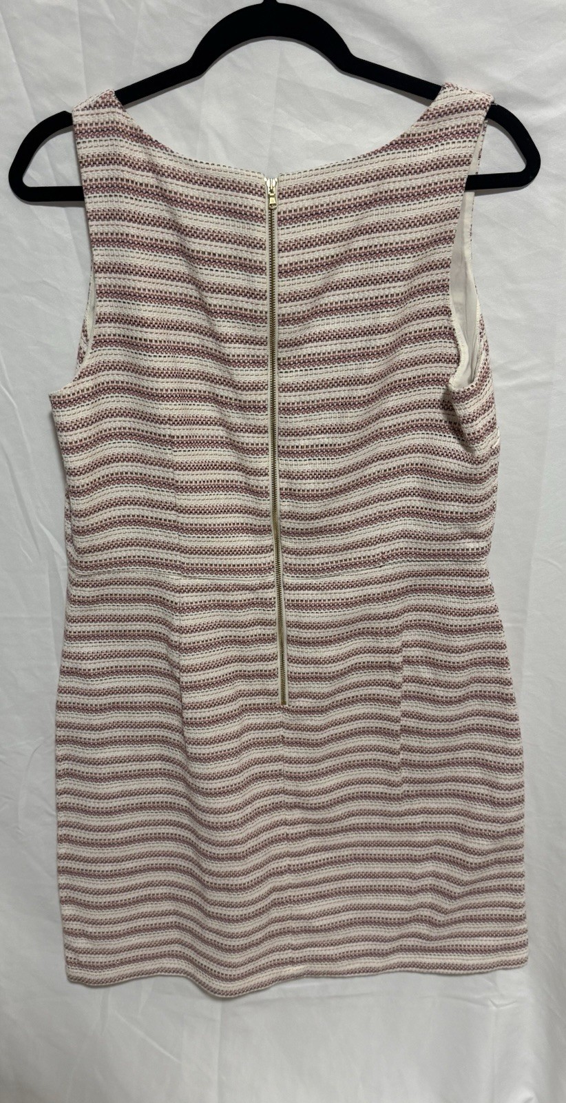 LOFT Ivory Pink Blue Striped Tweed Sheath Dress Square Neck Pockets Zip 12